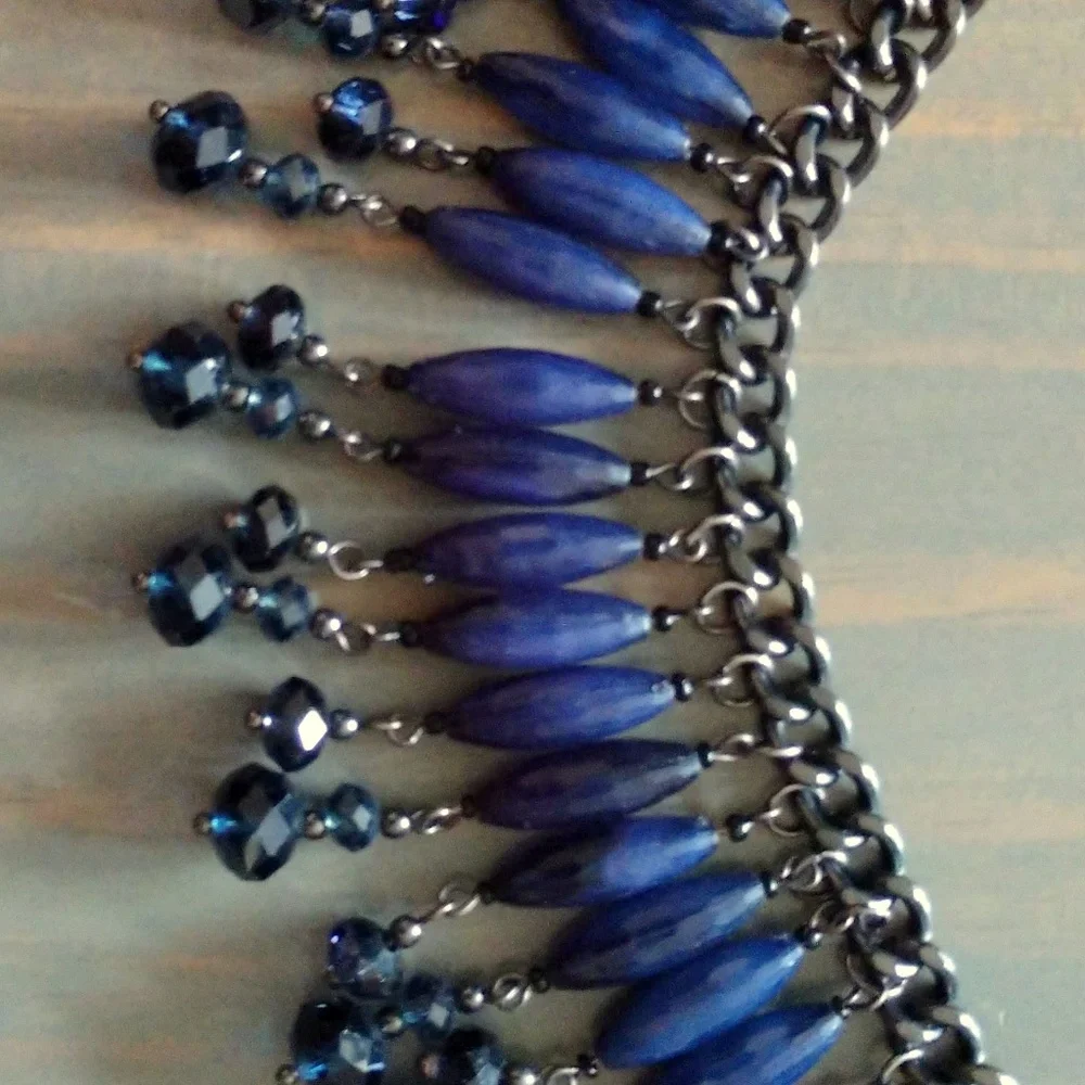 Dark blue beaded fringe tassel statement necklace